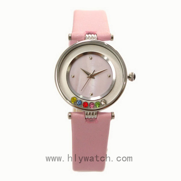 Leather Strap Promotional Lady Watch with rotational crystal on dial