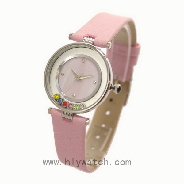 Leather Strap Promotional Lady Watch with rotational crystal on dial