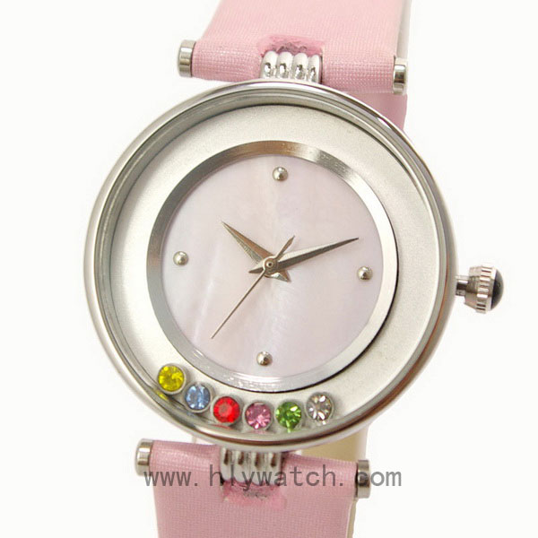 Leather Strap Promotional Lady Watch with rotational crystal on dial