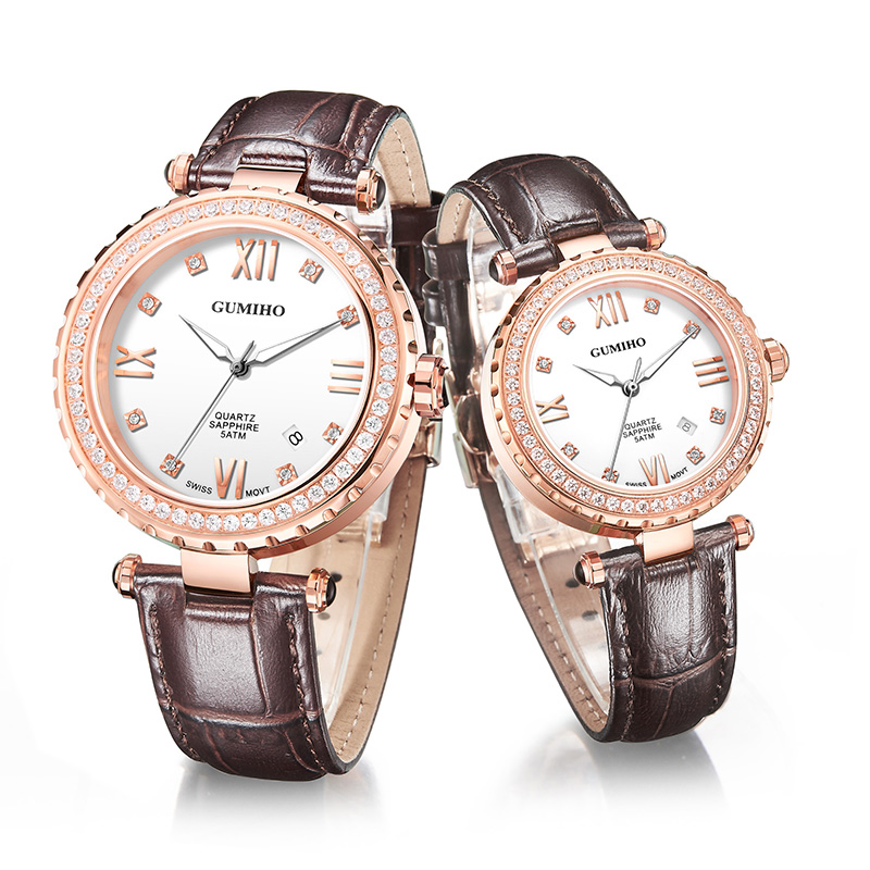 Couple Leather Watch With Swiss Movt and Swarovski Stones