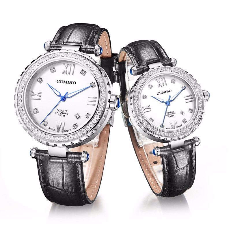 Couple Leather Watch With Swiss Movt and Swarovski Stones